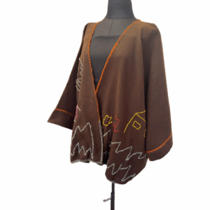 Brown Hand-Embroidered Poncho – “Village Story”